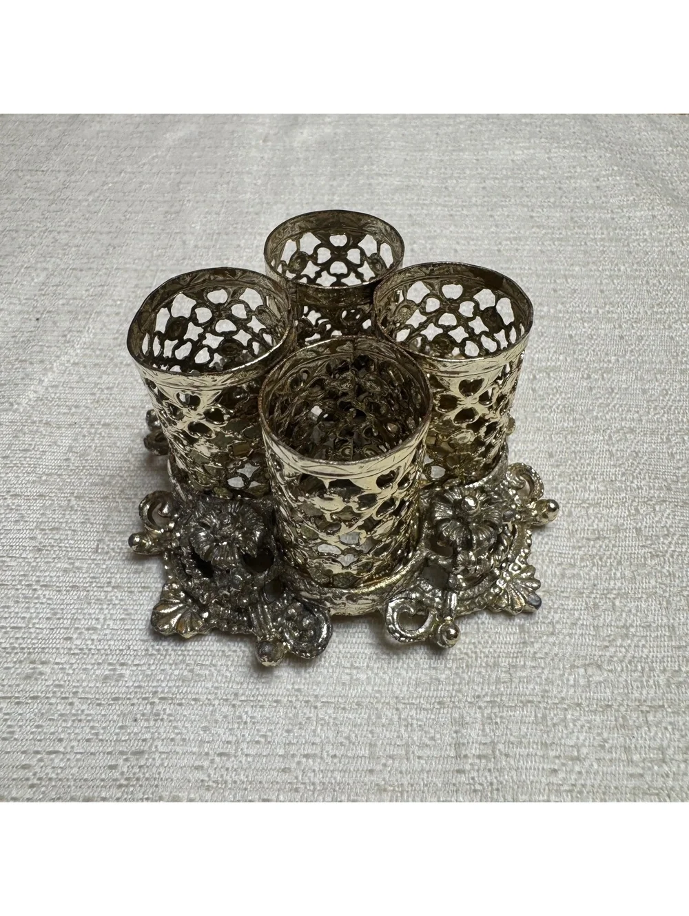 Vintage 1950s Lipstick Holder Silver Tone Filigree Vanity Organizer 4 Slot